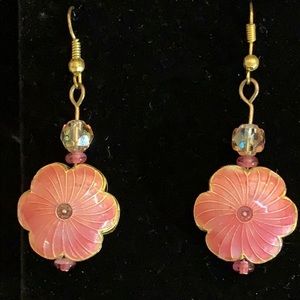 Drop dangle pierced Cloisonné pink earrings